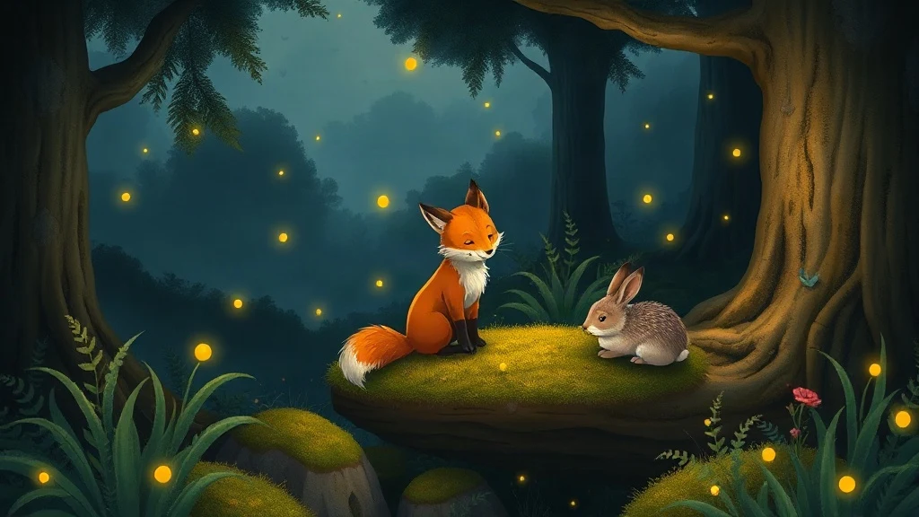 A fox and a rabbit on a mossy rock in a forest full of fireflies