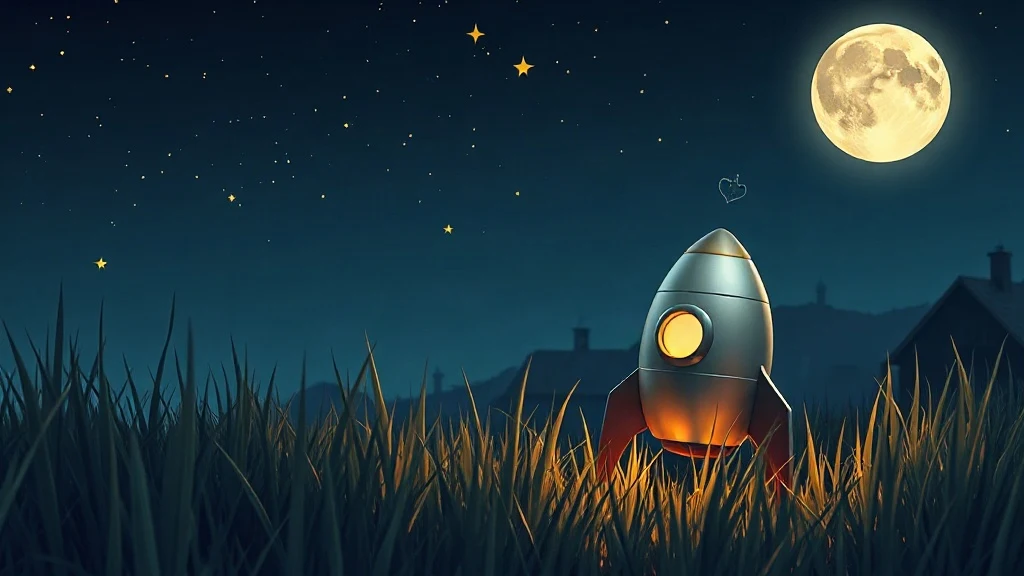 A small silver rocket in tall grass, with a full moon over the rooftops