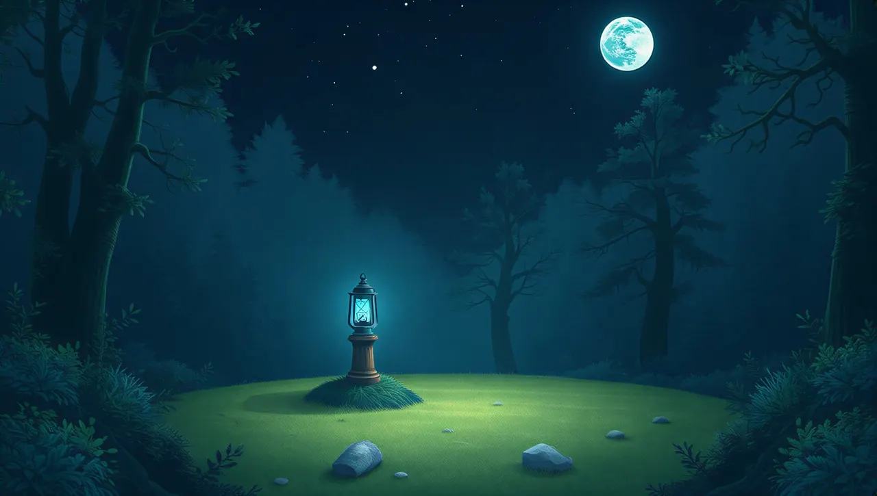 The blue lantern glowing on a small mound in a misty clearing