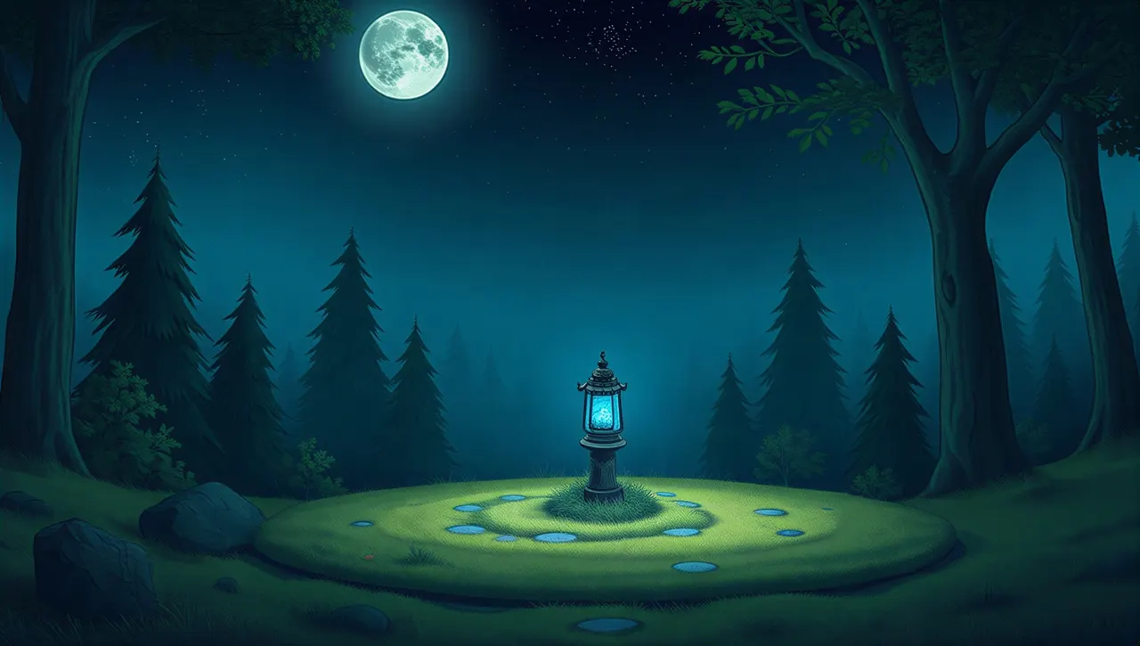 The blue lantern in the middle of a ring of glowing stones among dark pine trees