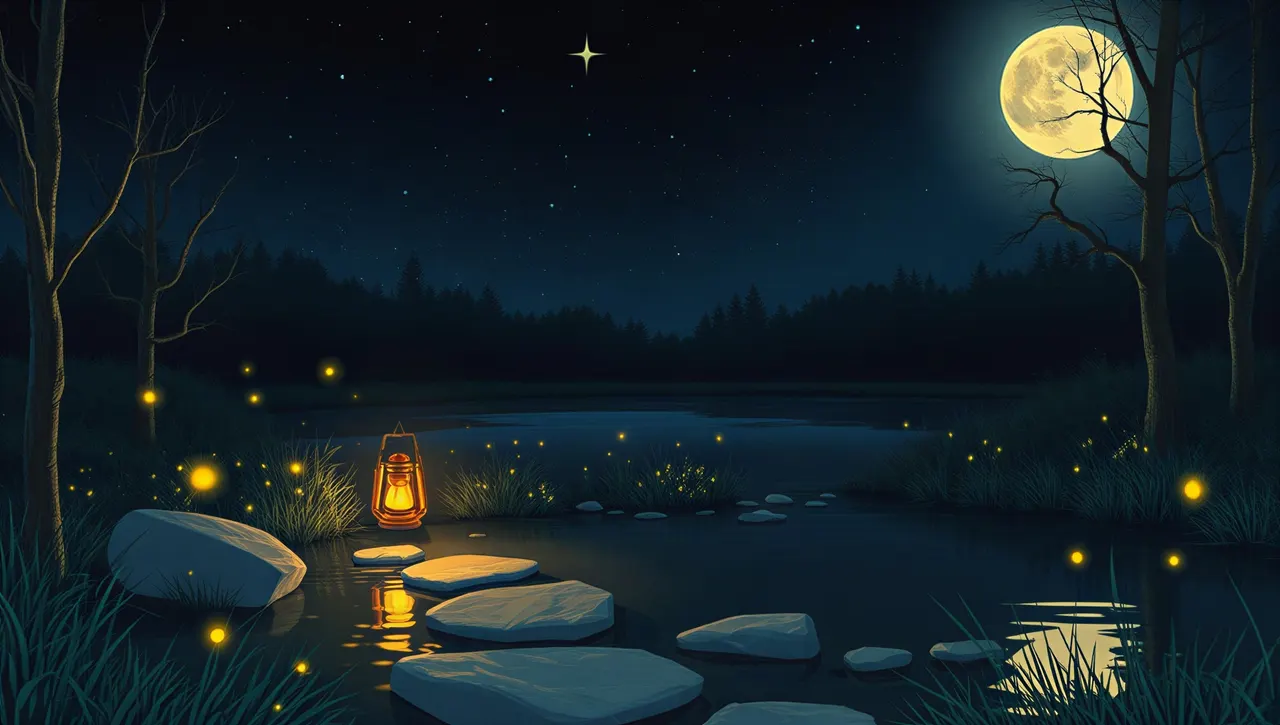 Fireflies over a moonlit brook, with stepping stones and a small lantern on the bank