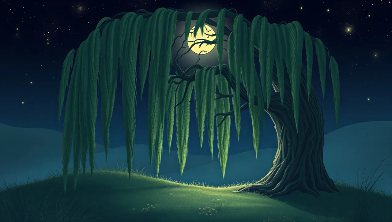 A great willow tree on a hill, its long branches hanging in front of the moon