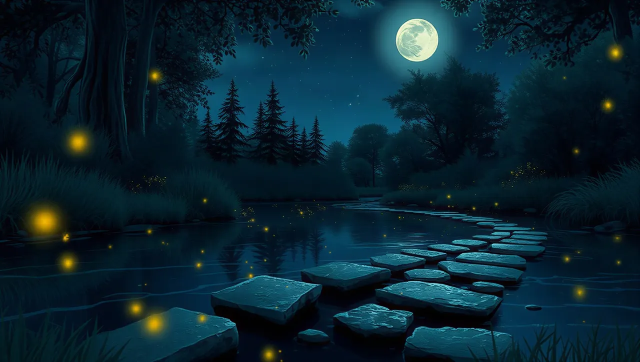 Flat stepping stones leading across a brook, with fireflies glowing among the trees
