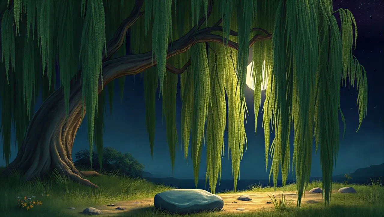 Moonlight through the willow's hanging branches onto a smooth stone in the grass