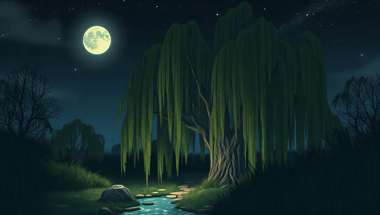 The Old Willow beside a little stream on a moonlit night