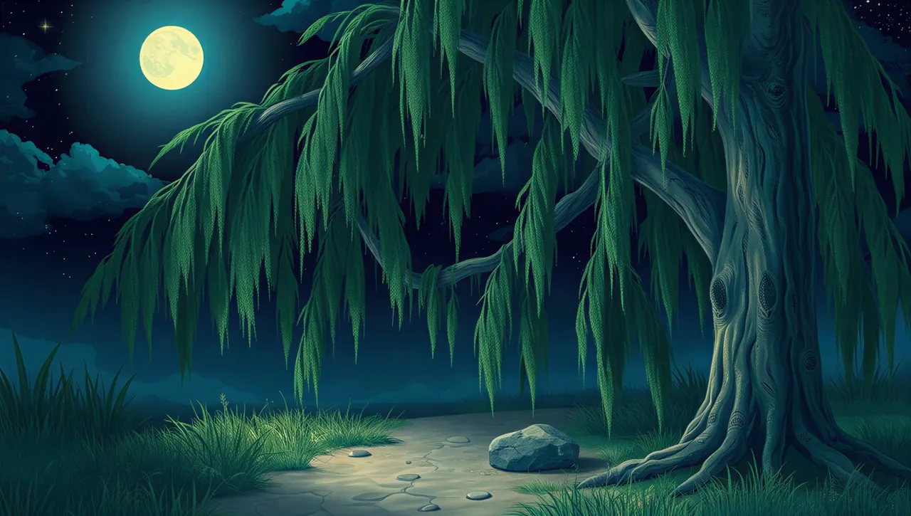 A path curving under the willow's branches to a stone in the grass