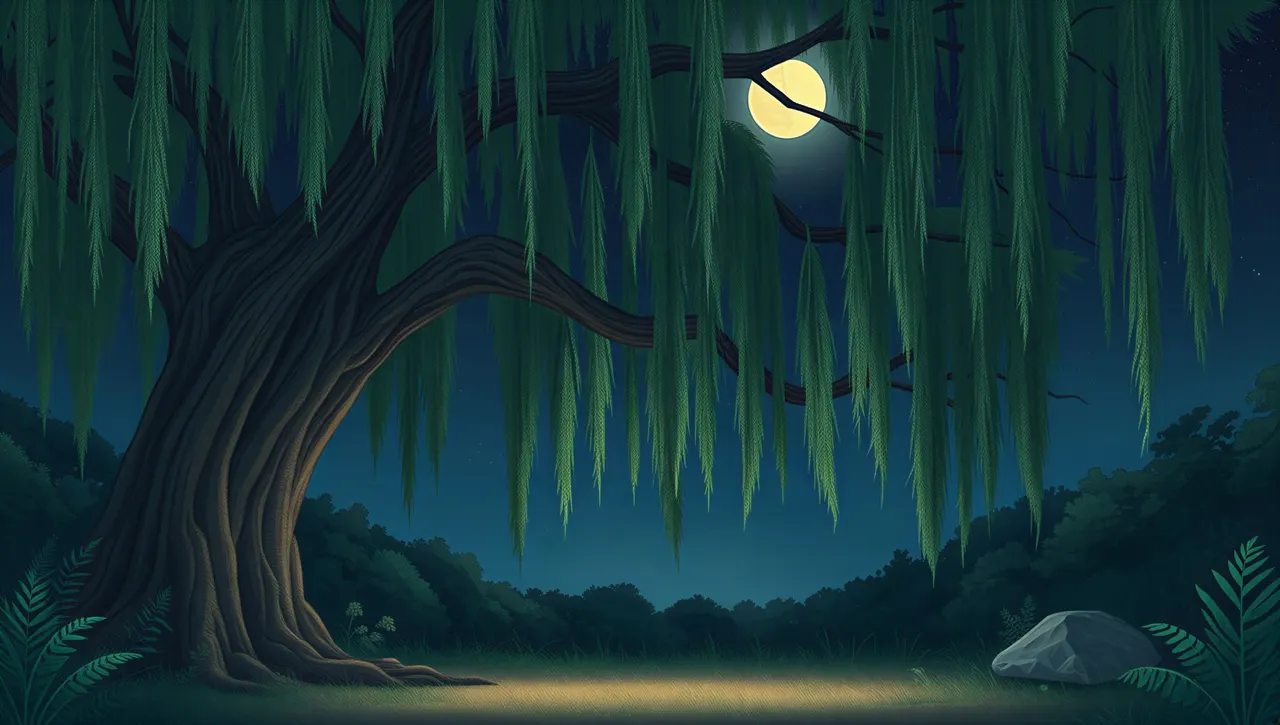 The willow's long branches hanging over a quiet clearing under the moon
