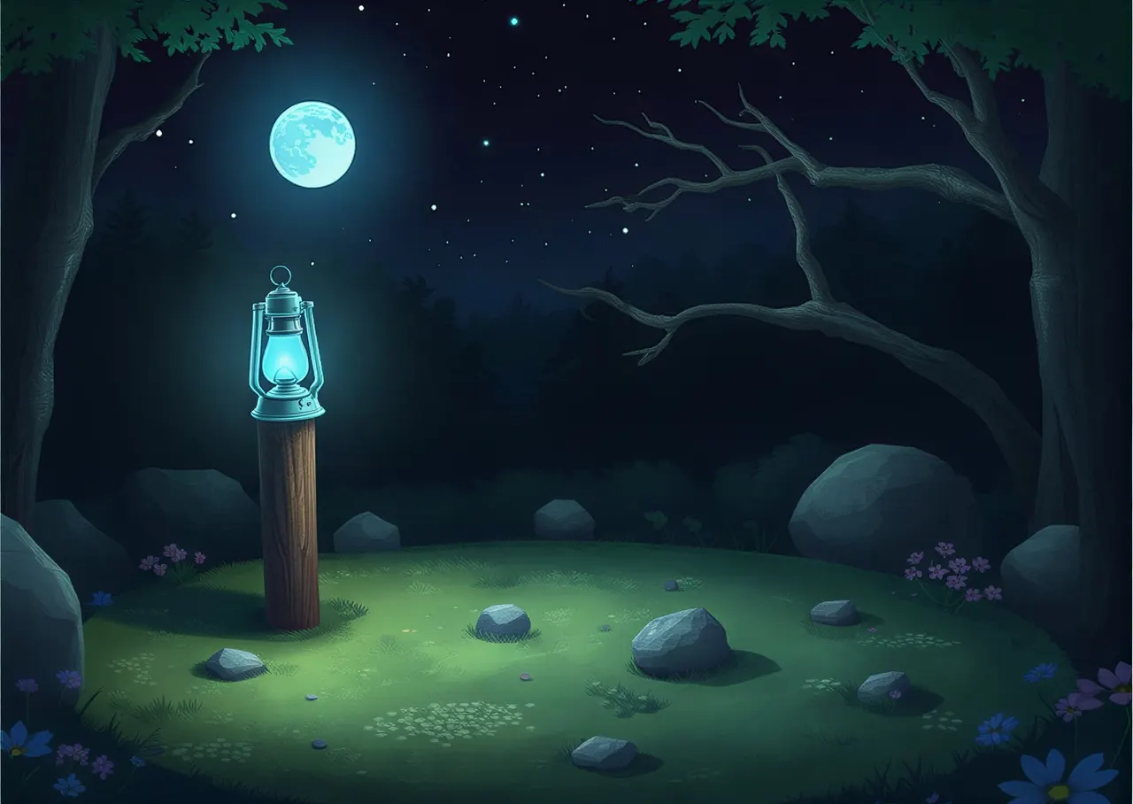 The blue lantern on a wooden post in a clearing ringed with stones