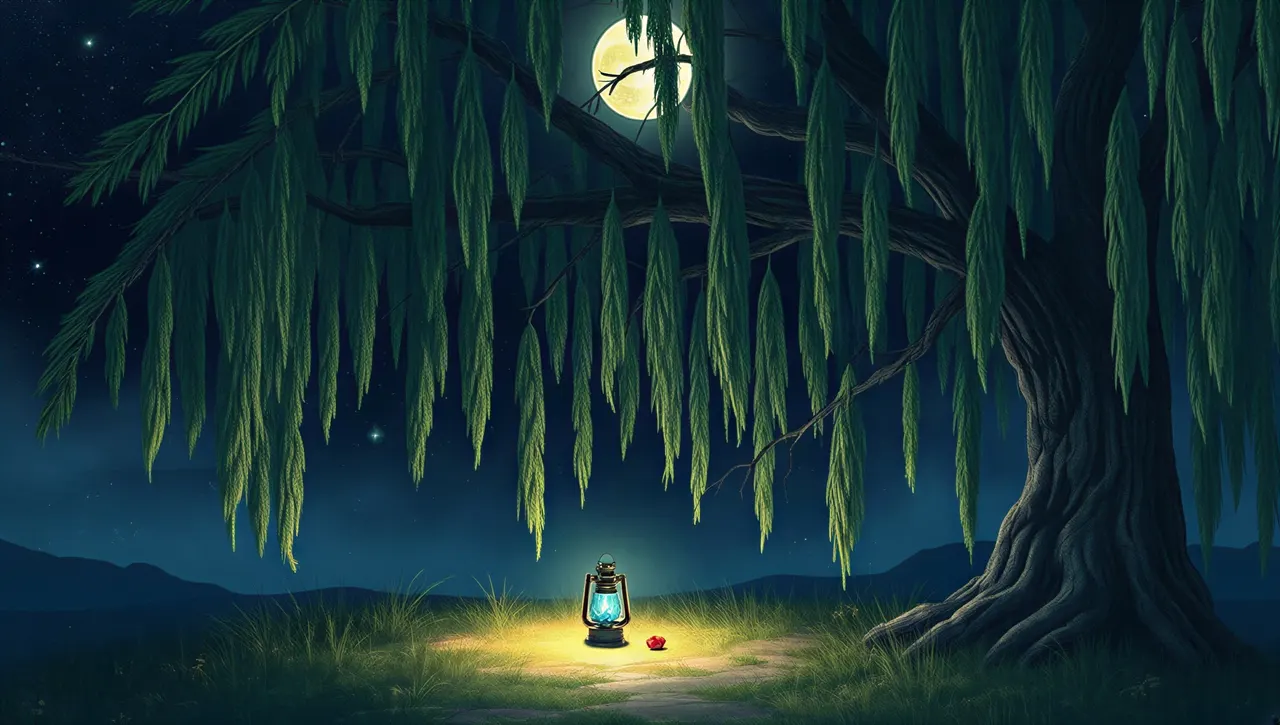 The blue lantern in a pool of light under the willow tree