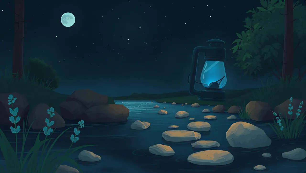 The blue lantern on the far bank of a brook full of smooth stones