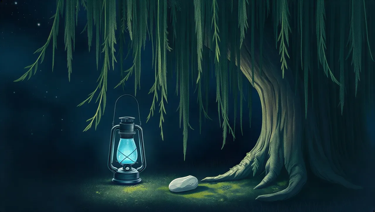 The blue lantern and a smooth white stone at the foot of the willow