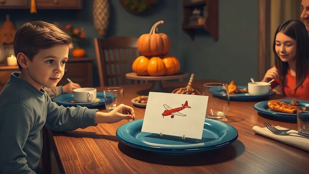 A boy setting a paper name card with a red airplane drawing on a blue-rimmed plate at a holiday table with pumpkins