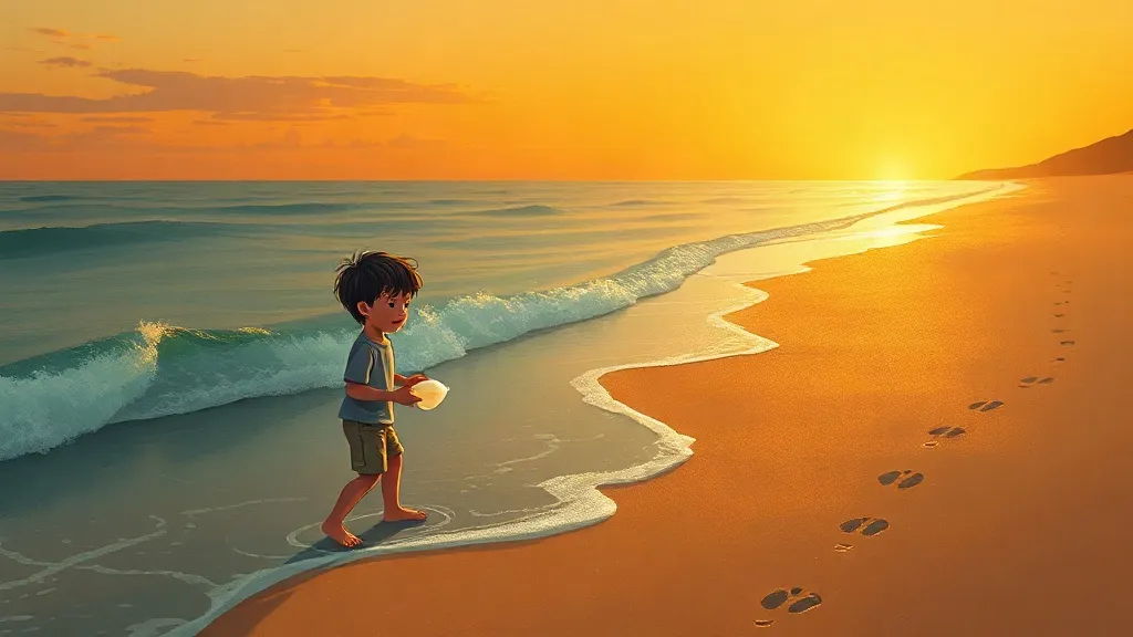 A boy holding a shell at the edge of the waves on a golden beach at sunset