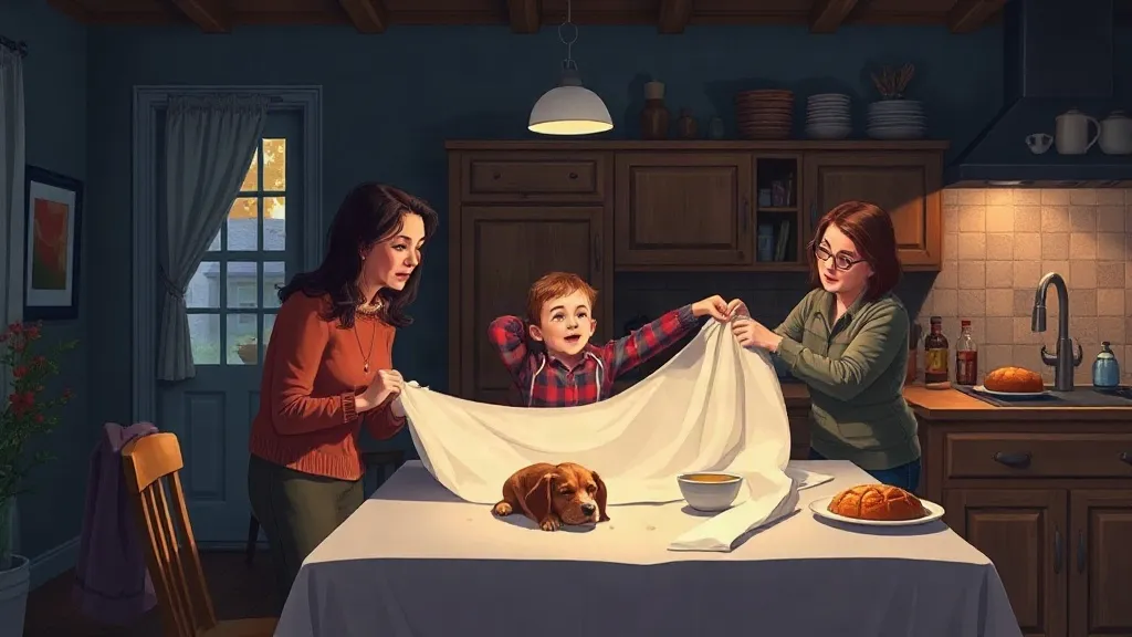 Two moms and their son folding a white tablecloth together in the kitchen after a big dinner, with a sleepy dog on the table