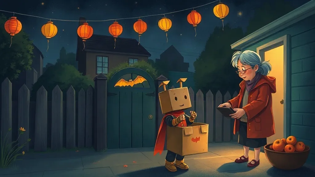 A boy in a cardboard robot costume handing a paper bat to a neighbor under a string of orange lanterns