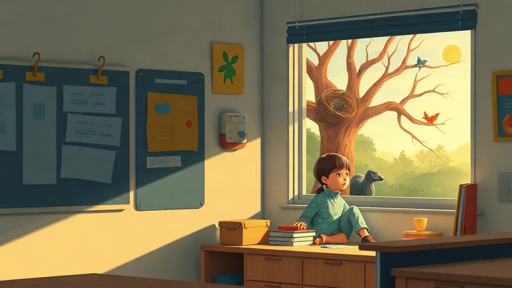 A girl sitting on a classroom window seat, looking out at a tree with a bird's nest