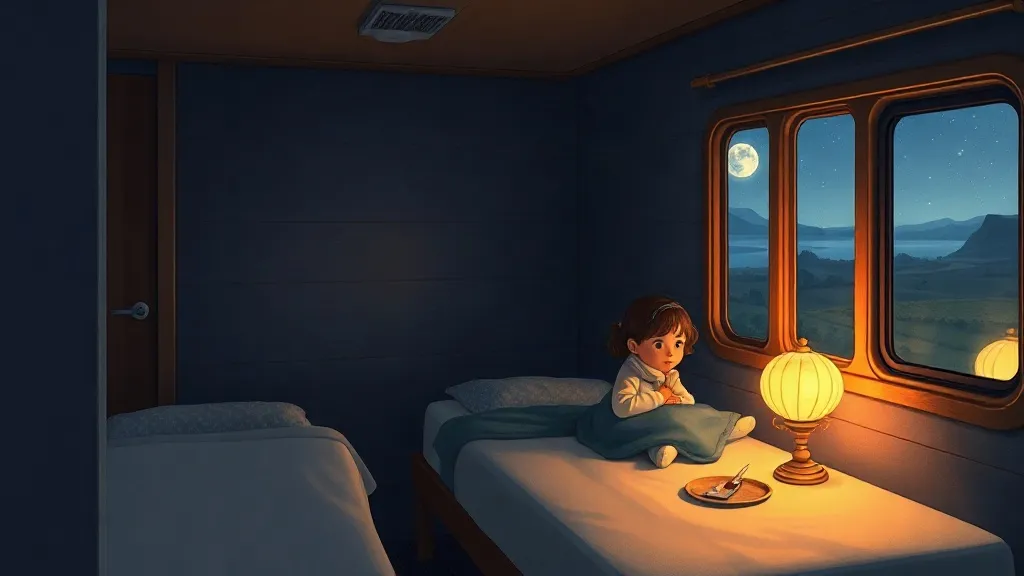 A girl sitting up in a cozy sleeper-train bunk by a lamp, with the moon outside the window