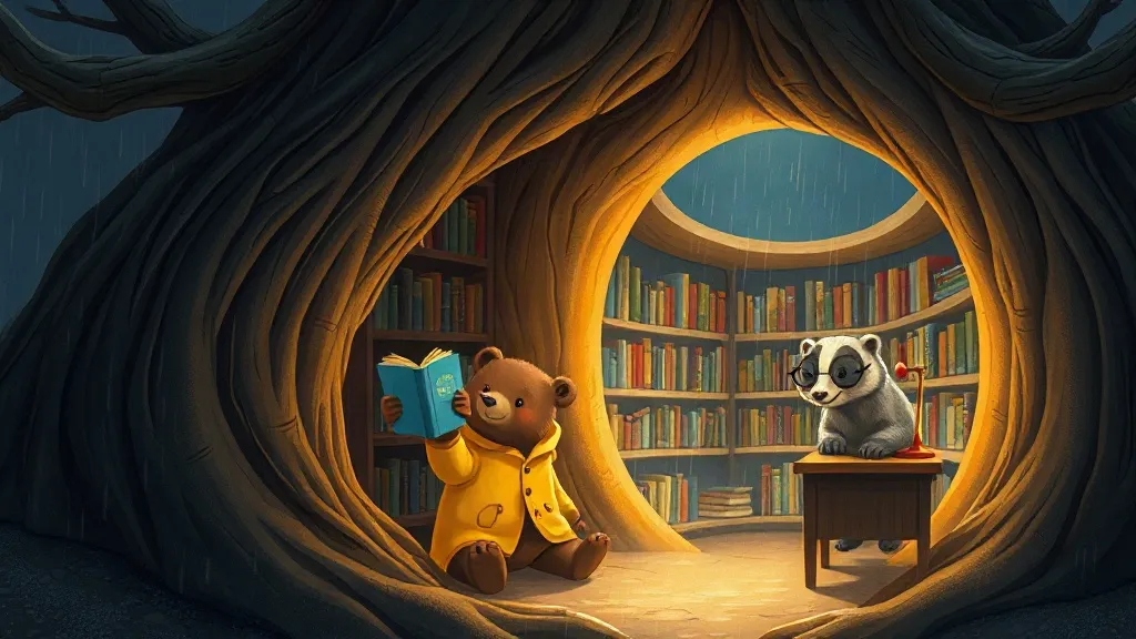A bear in a yellow raincoat holding a blue book in a library inside a hollow tree, with a badger at the desk
