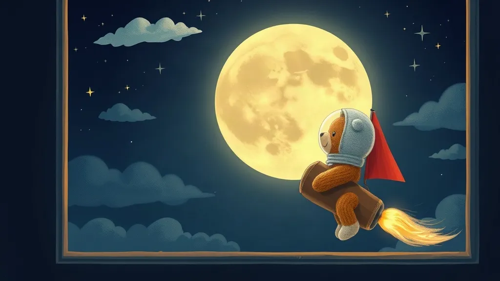 A teddy bear in a space helmet and red cape flying past a big full moon
