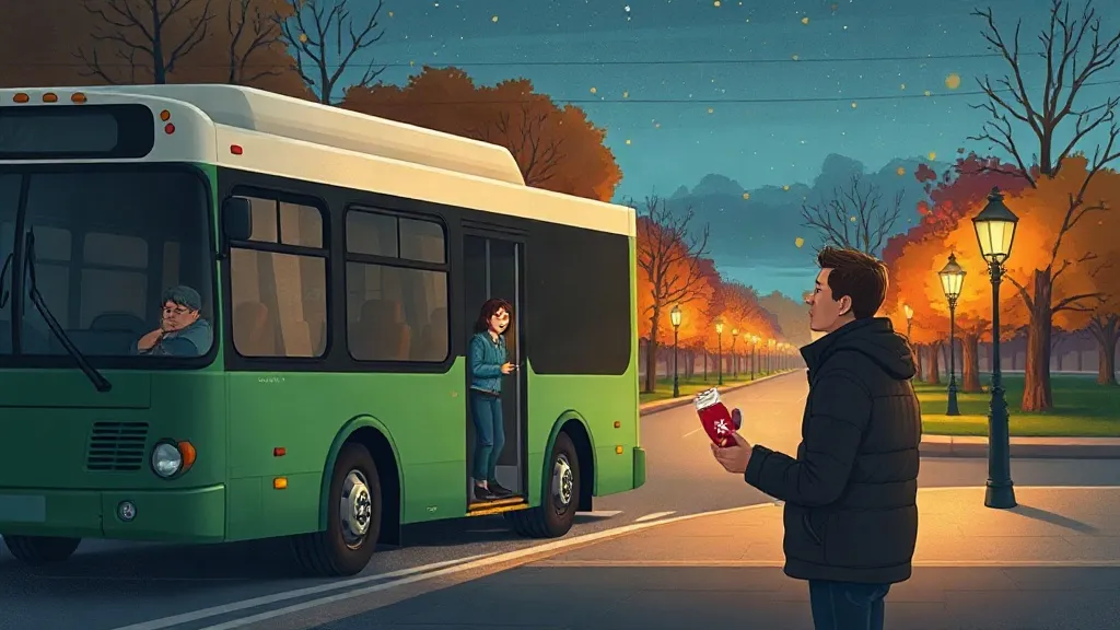 A bus driver at the door of a green bus as a dad at the bus stop holds a small red mitten