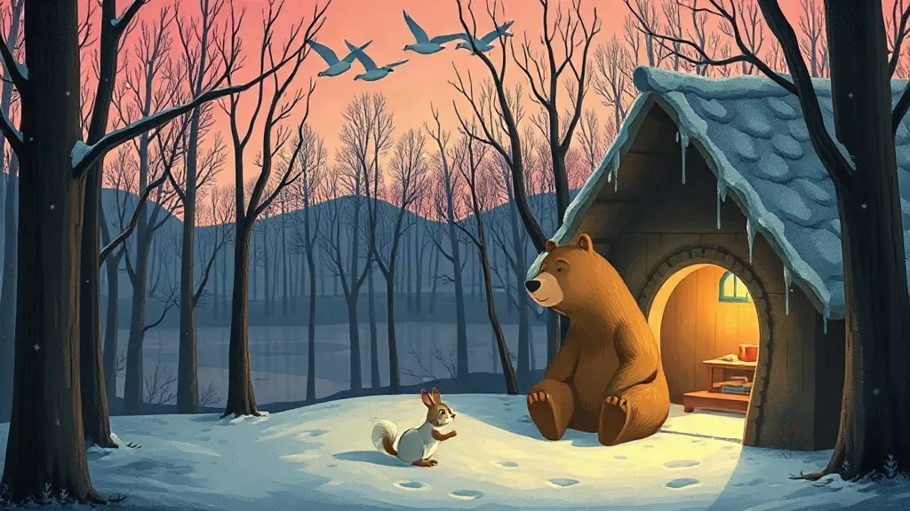A big brown bear sitting by his den in a snowy wood, saying goodnight to a squirrel as geese fly overhead