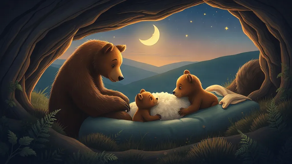 A bear family in a cozy den, the smallest cub beside a fluffy bundle of thistledown