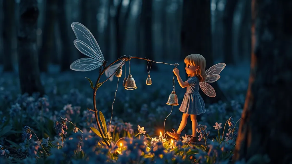 A tiny fairy with bubble-like wings tending a bluebell in a dark bluebell wood