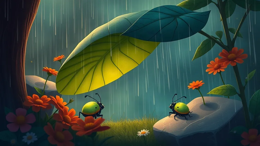 A shiny green beetle sheltering under a big leaf while rain falls in the garden
