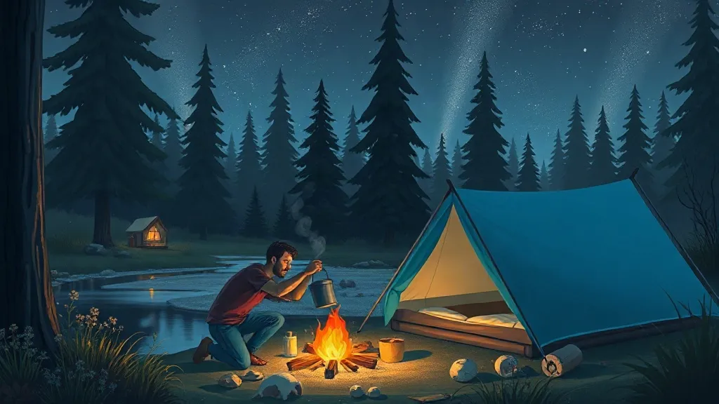 A dad putting out a small campfire beside a blue tent in a pine forest at night