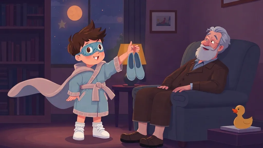 A boy in a bathrobe cape and mask handing slippers to his smiling grandfather in an armchair