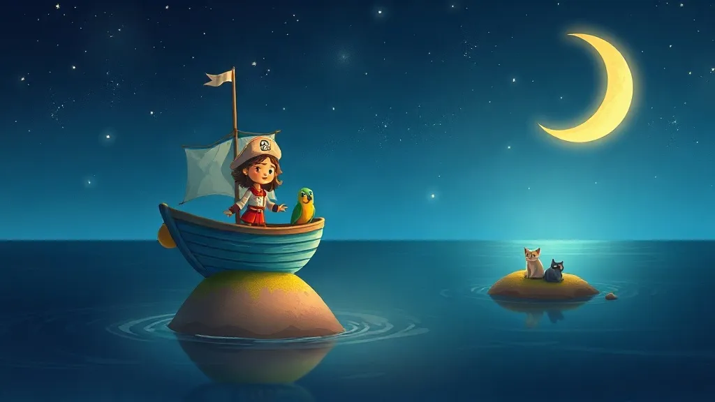 A girl in a pirate hat with a parrot in a little sailboat under a crescent moon, and two cats on a tiny island