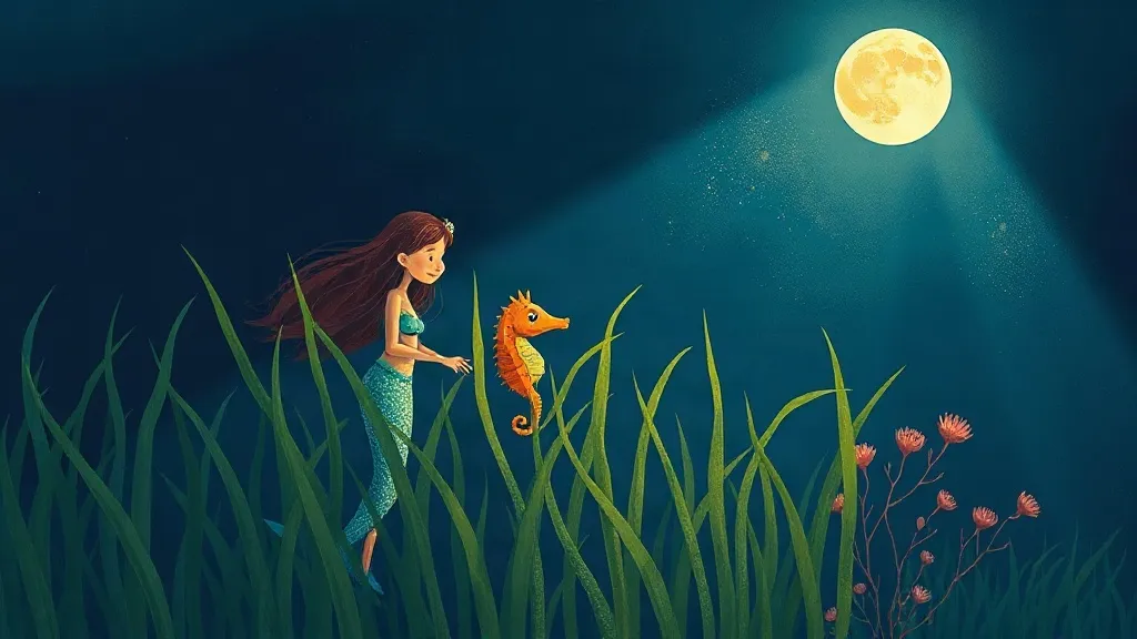 A mermaid beside a tiny seahorse among tall green seaweed under a moonlit sea