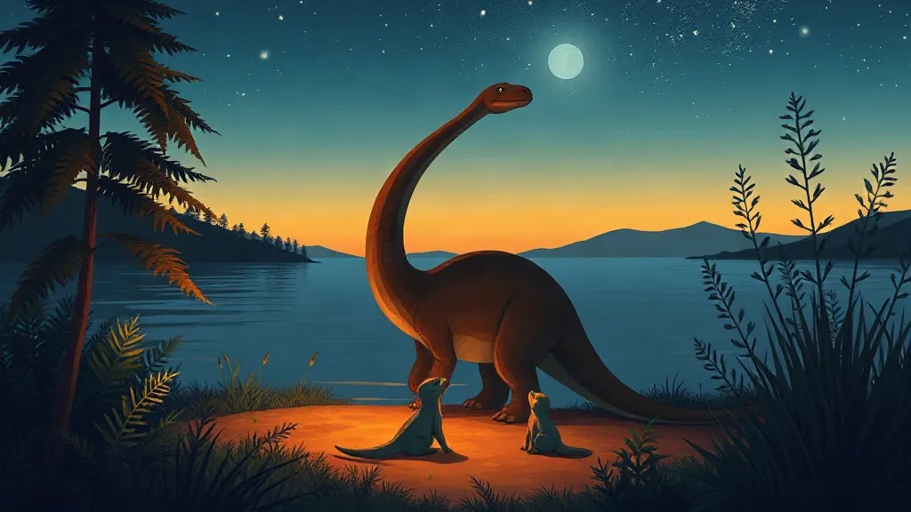 A long-necked dinosaur by a lake at dusk, with two small dinosaurs at her feet
