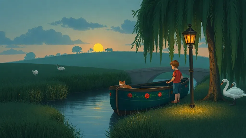 A boy beside a green canal boat moored under a willow tree at dusk, with a cat on the roof and swans nearby