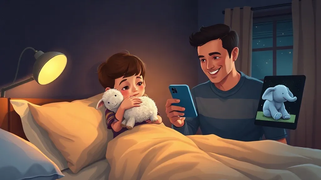 A boy in bed hugging a knitted sheep while his dad shows him a photo of a toy elephant