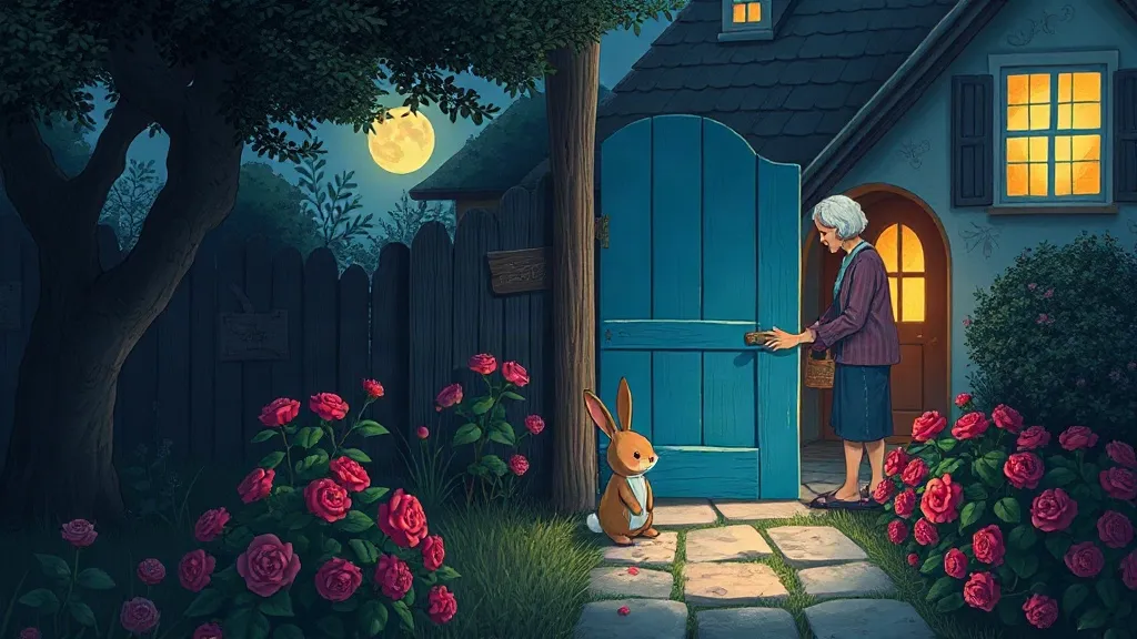 An elderly woman closing a blue garden gate at night beside rose bushes, with a rabbit on the path under the full moon