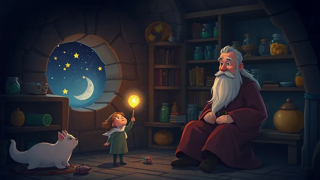 A young girl holding up a glowing wand in a wizard's room, watched by a bearded old wizard and a white cat