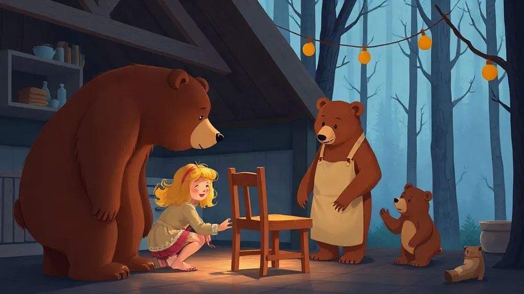 A girl with golden curls kneeling to fix a little wooden chair with three bears watching in a cozy cottage kitchen