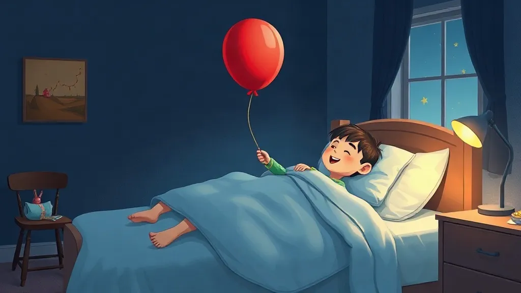 A smiling boy in bed holding the string of a red balloon
