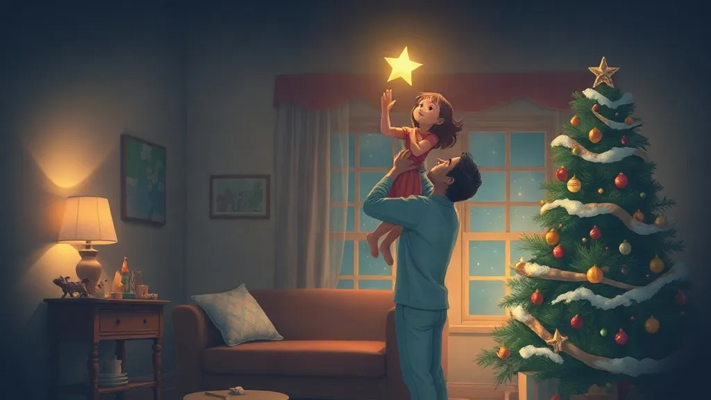 A dad lifting his daughter up to touch the star on top of a softly lit Christmas tree