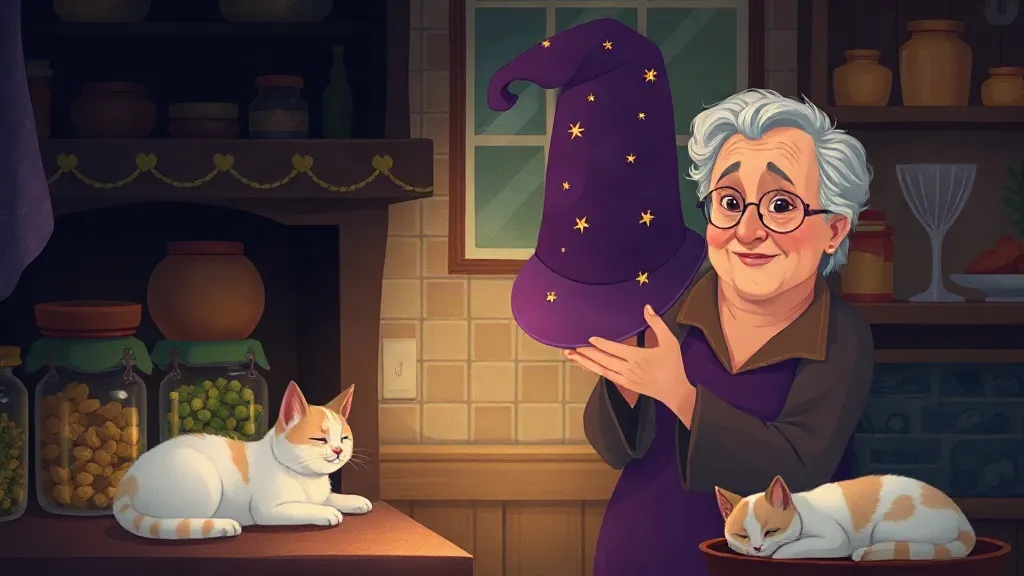 A smiling grandmother holding a purple starry hat in her kitchen, with two sleeping cats