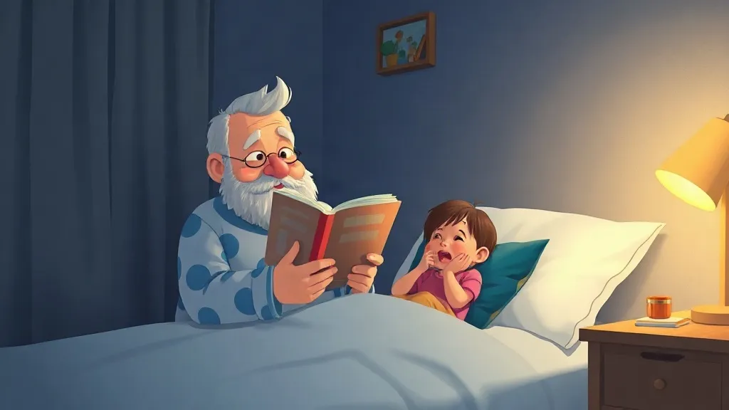 A white-bearded grandpa in polka-dot pajamas reading a storybook beside a giggling little girl in bed