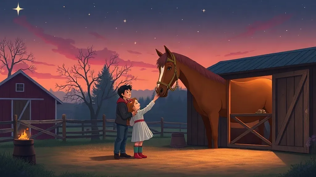 A girl reaching up to stroke a chestnut horse at the stable door while her dad watches, under a pink dusk sky