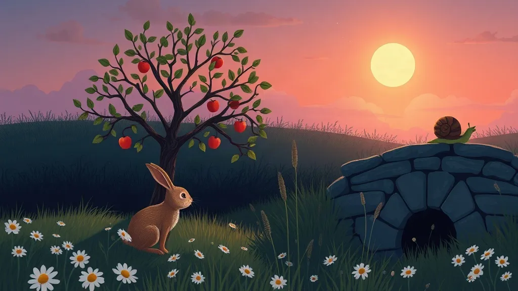 A brown bunny in a daisy meadow at dusk beside an apple tree, with a snail on a stone wall
