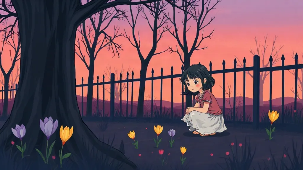 A girl crouching by a garden fence at sunset to look at purple, yellow and white crocuses