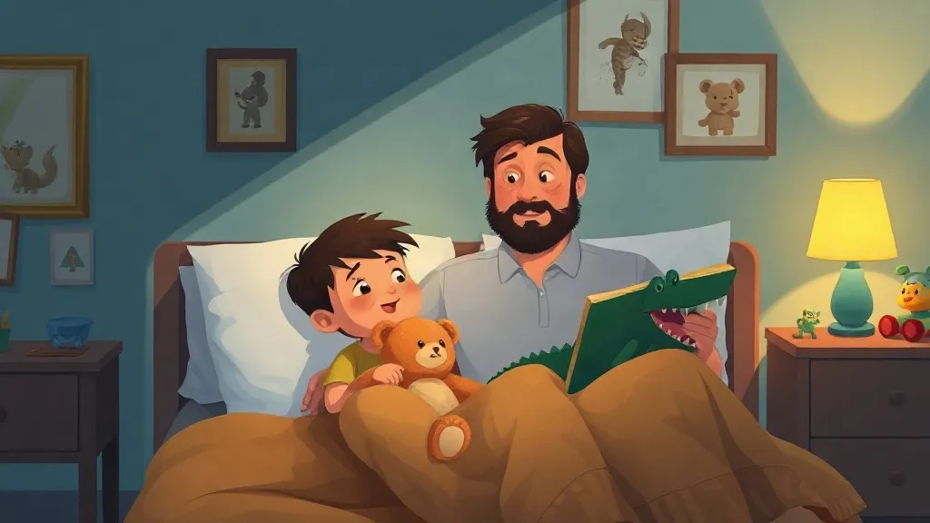 A dad reading a crocodile picture book to his smiling son and his teddy bear in bed