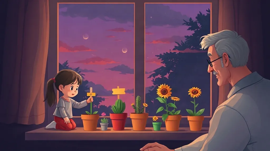 A girl putting a label in one of the flower pots on her windowsill at dusk while her grandfather smiles