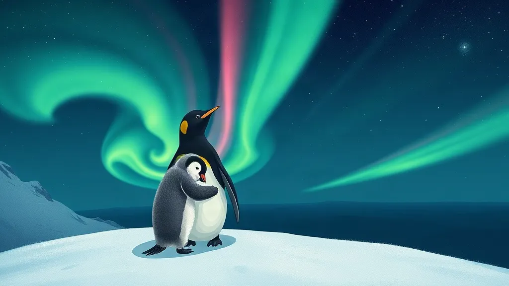 A small penguin hugging its grandfather on a snowy hill under green and pink southern lights