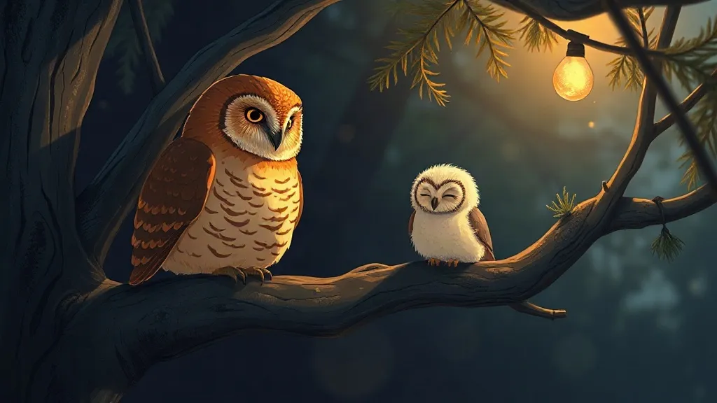 A big brown owl and a small fluffy owl with its eyes closed, sitting side by side on a branch in the dark wood, with a soft light glowing above