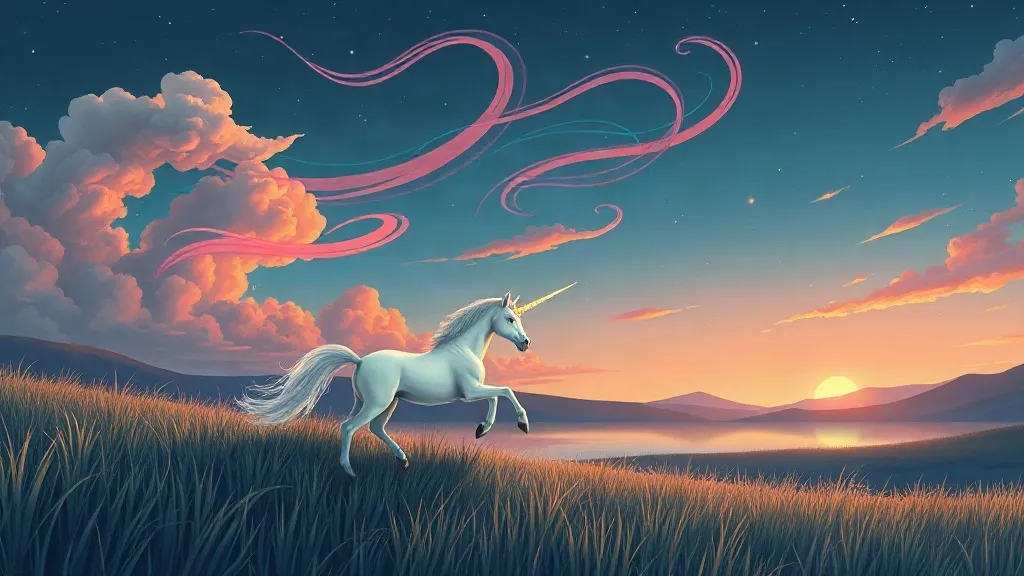 A white unicorn galloping through tall grass under pink swirls across the sunset sky